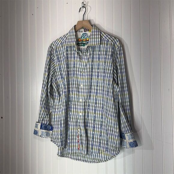 Robert Graham XL Tailored Fit Check Stripe Shirt Blue Yellow Bold Cuff Casual - Picture 1 of 10
